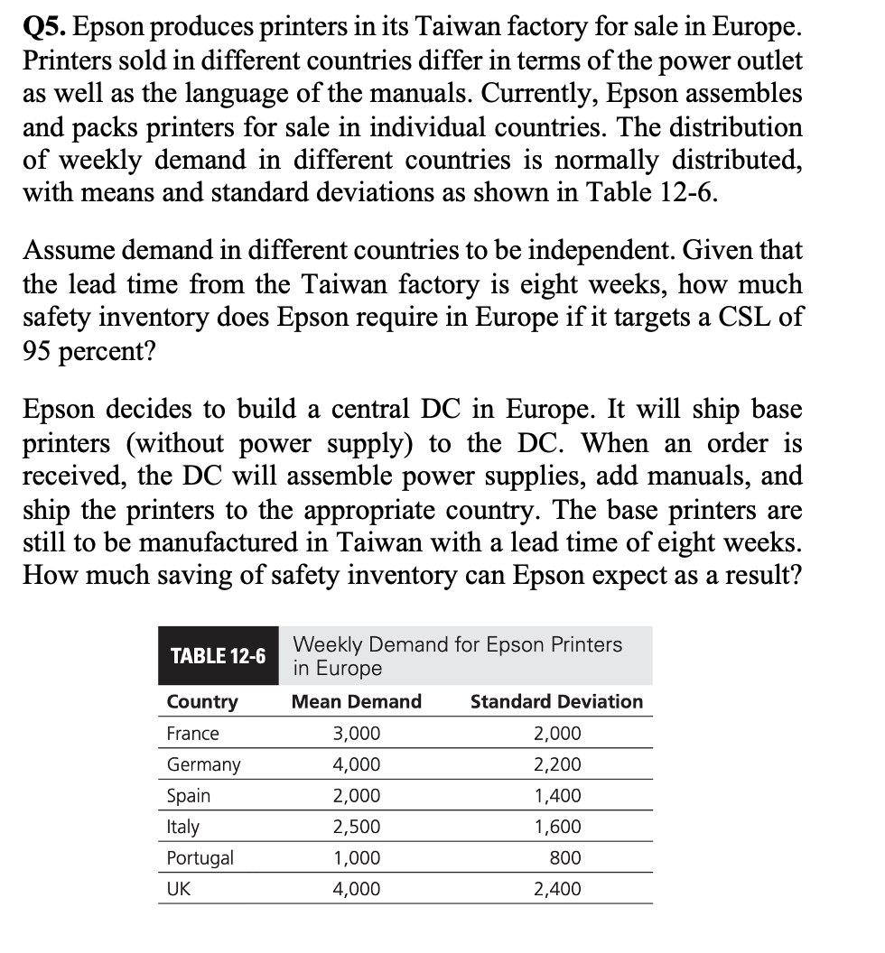 Q5. Epson produces printers in its Taiwan factory