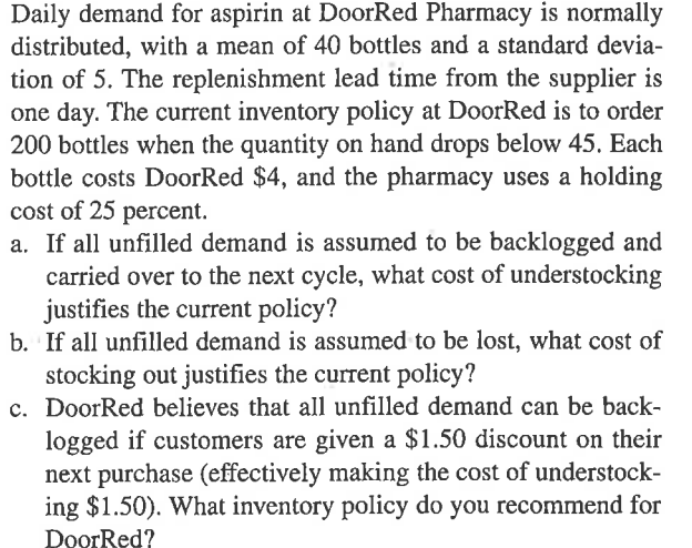 Daily demand for aspirin at DoorRed Pharmacy is