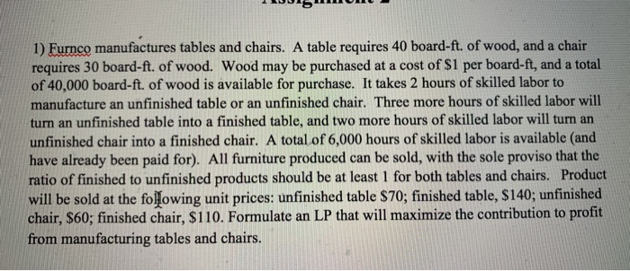 1) Furnco manufactures tables and chairs. A table