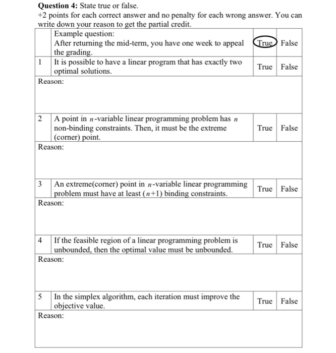 Question 4: State true or false. +2 points for