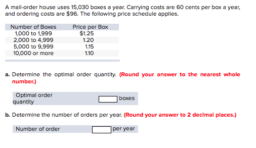 A mail-order house uses 15,030 boxes a year.