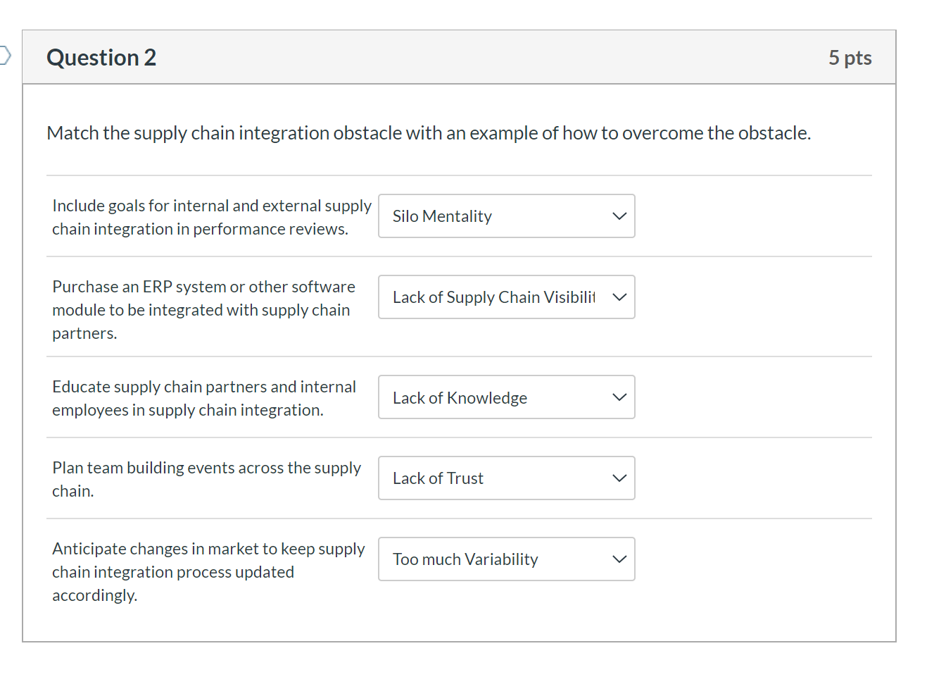 Question 2 5 pts Match the supply chain