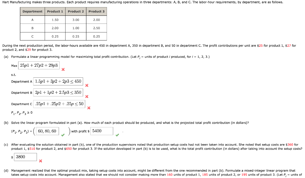 Hart Manufacturing makes three products. Each