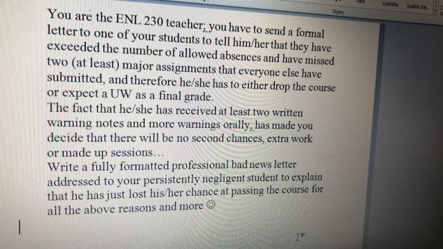 Sub You are the ENL 230 teacher, you have to send