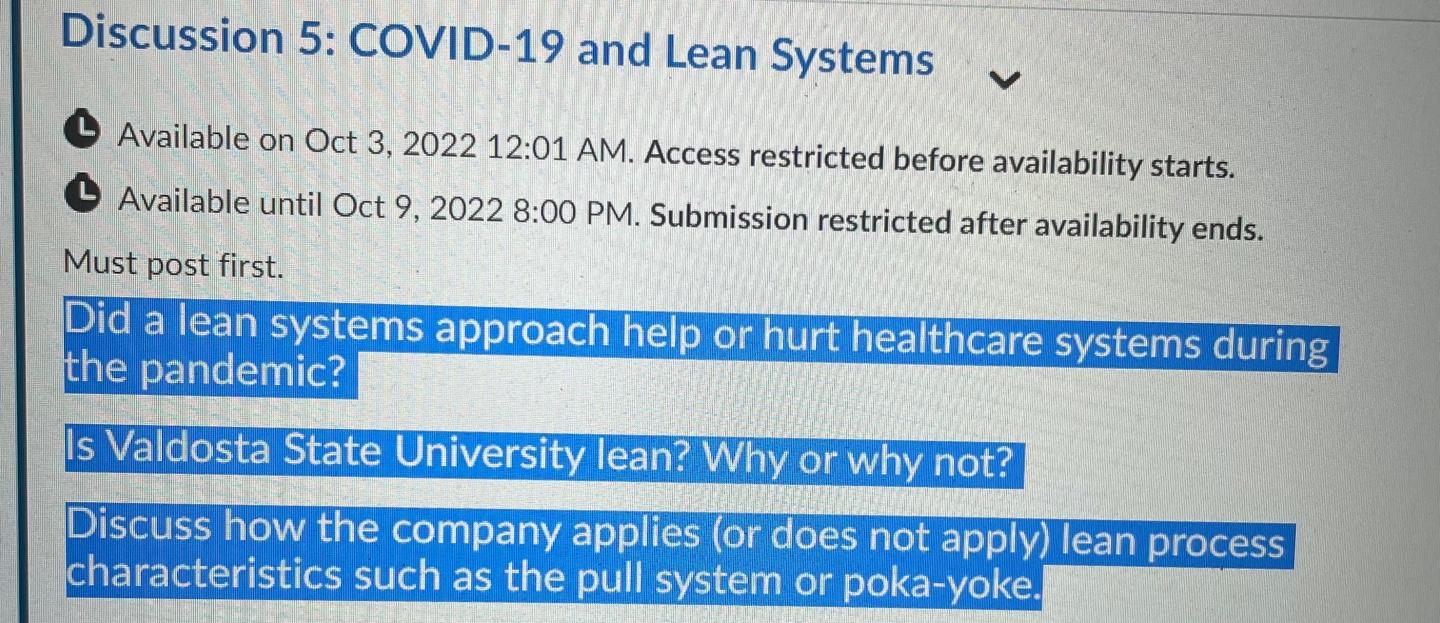Discussion 5: COVID-19 and Lean Systems Available