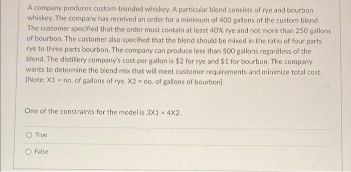 A company produces custom-blended whiskey. A