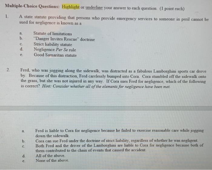 Multiple Choice Questions: Highlight or underline