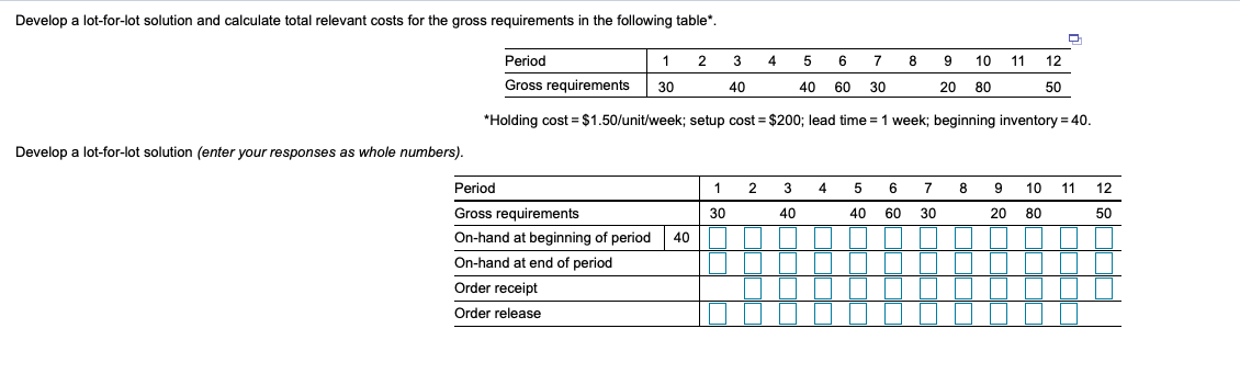 Develop a lot-for-lot solution and calculate