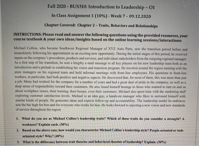 Fall 2020 - BUS310: Introduction to Leadership -