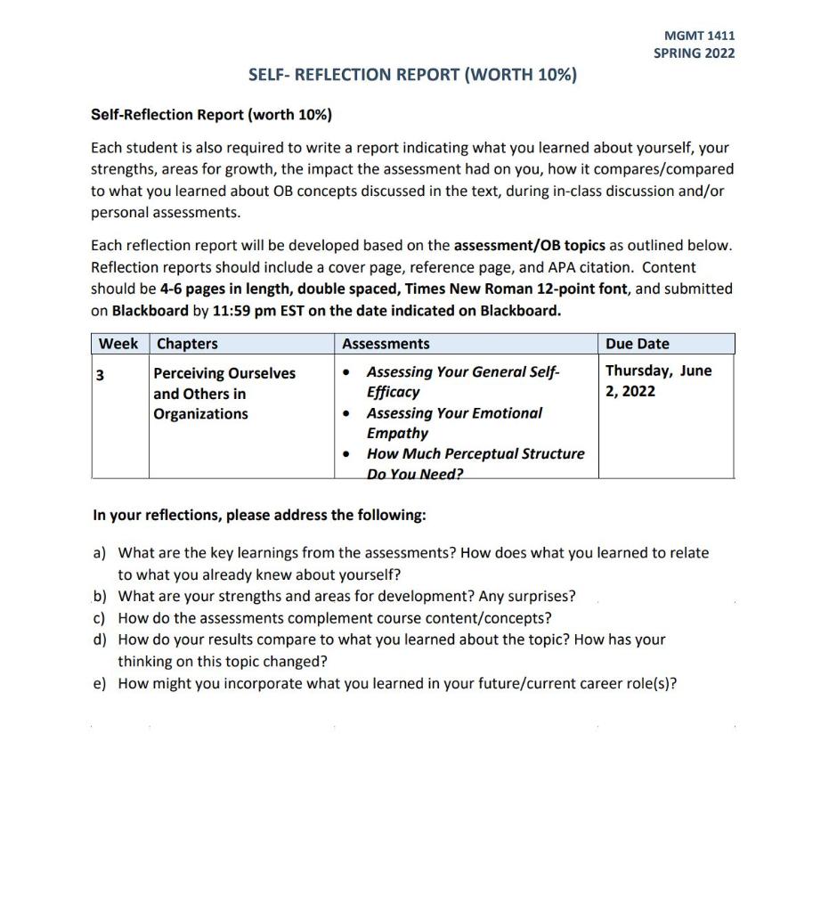 MGMT 1411 SPRING 2022 SELF-REFLECTION REPORT