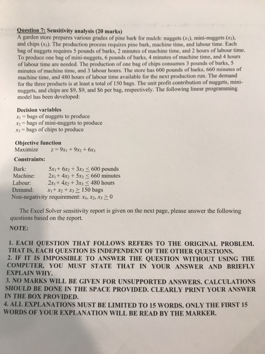 Question 7: Sensitivity analysis (20 marks) A