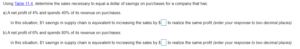 Using Table 11.4, determine the sales necessary