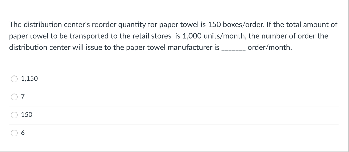 The distribution center's reorder quantity for