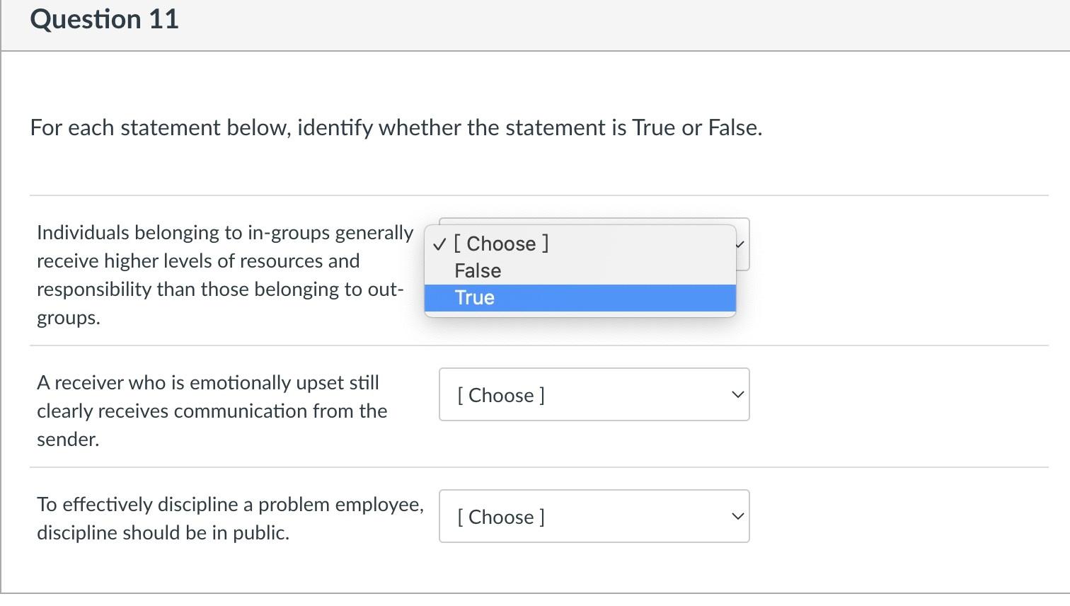 true or false Question 11 For each statement