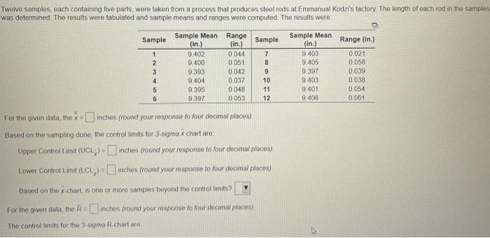 Twelve samples, each containing five parts were