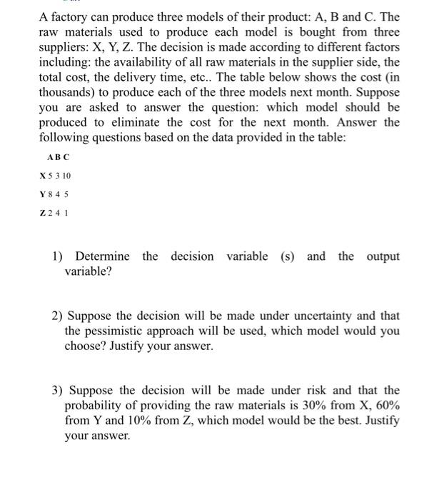 A factory can produce three models of their