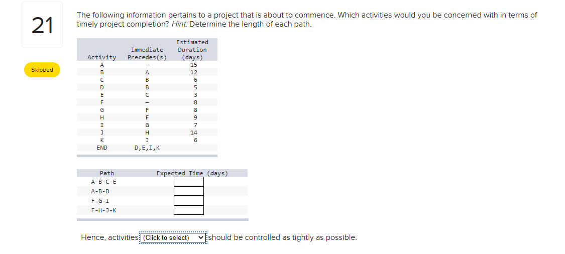 Hence, activities (Click to select) F, H, J, and