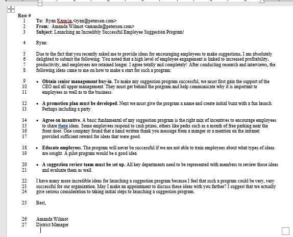 Row # 1 To: Ryan Karacia 2 From: Amanda Wilmot 3