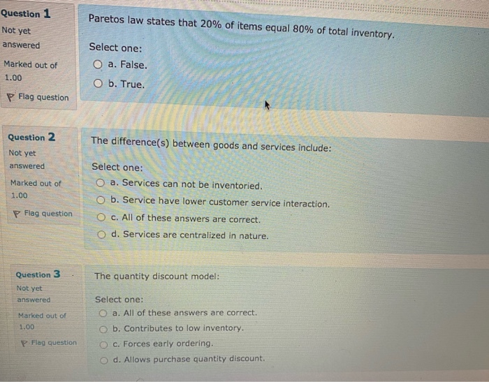 Question 1 Paretos law states that 20% of items