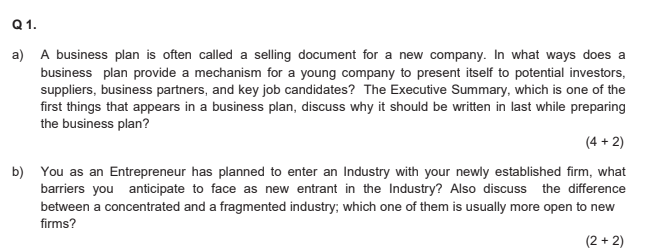 Subject: Engineering entrepreneurship Q1. a) A