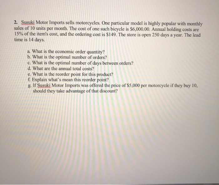 Please include procedures 2. Susuki Motor Imports