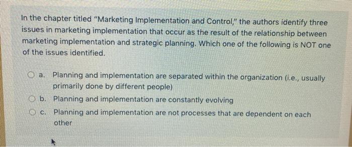 In the chapter titled "Marketing Implementation