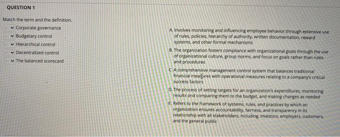 Pls Help QUESTION 1 Match the term and the