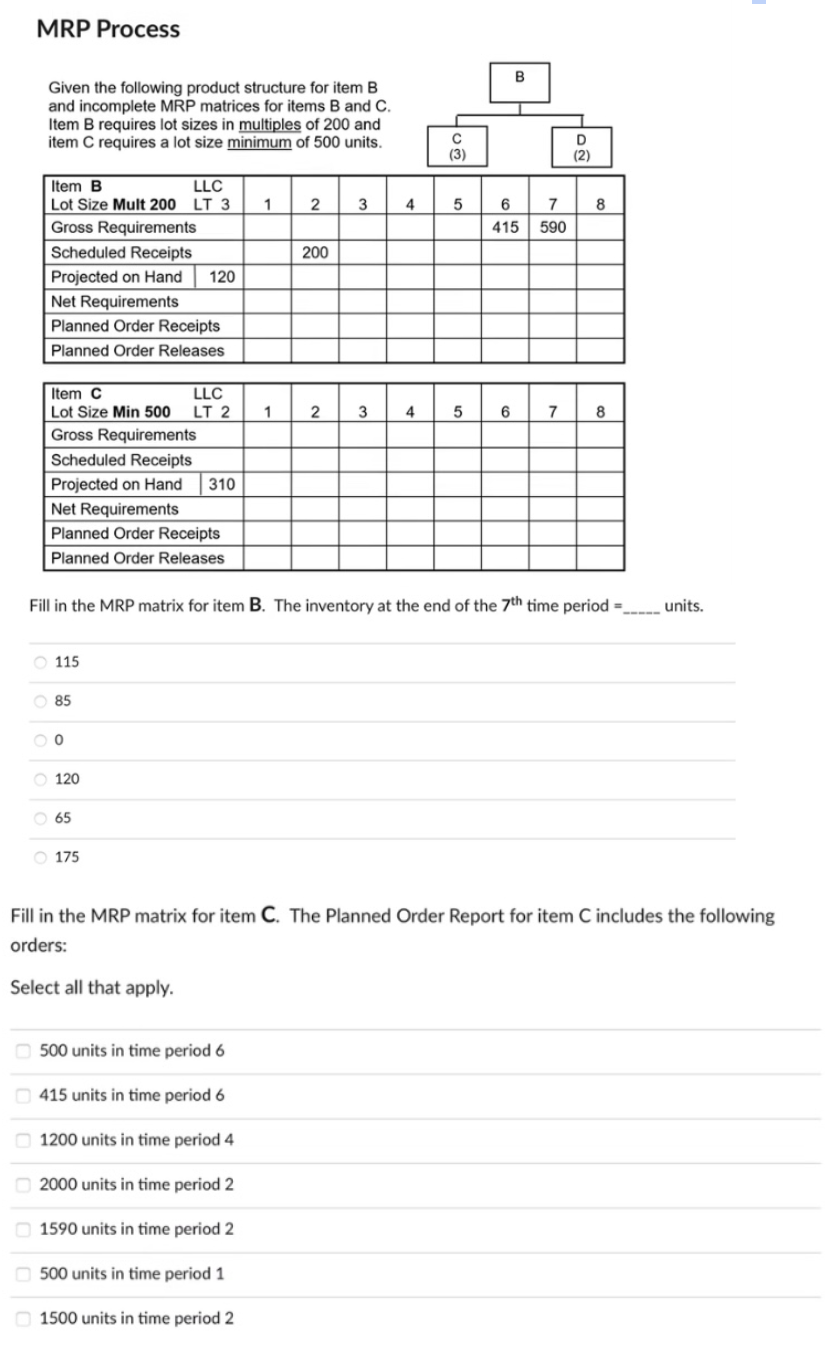 MRP Process B Given the following product