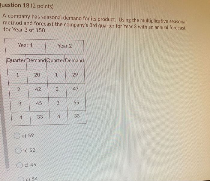 Question 18 (2 points) A company has seasonal