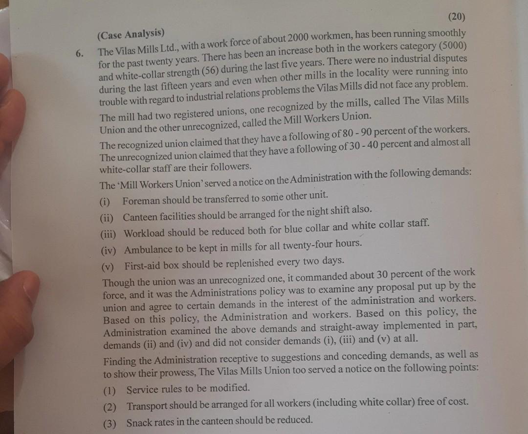 (20) (Case Analysis) 6. The Vilas Mills Ltd.,