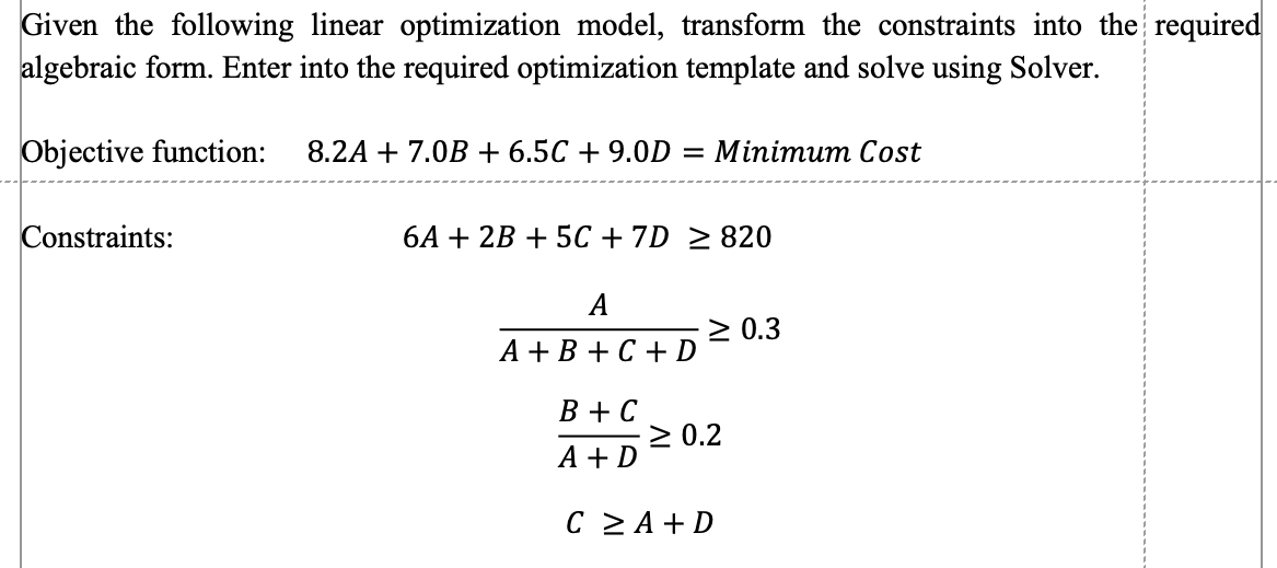 Please Use Excel. Given the following linear