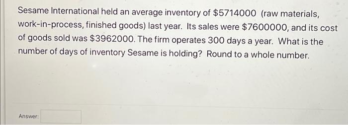 Sesame International held an average inventory of