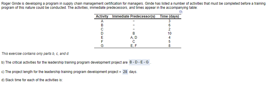 help me solve for D: Roger Ginde is developing a