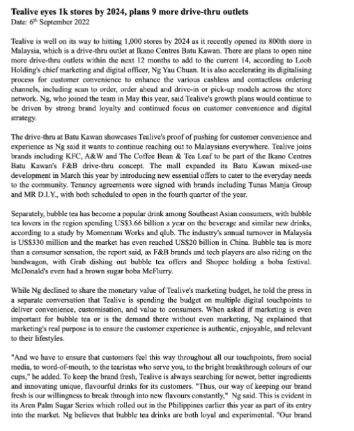 Tealive eyes 1k stores by 2024 , plans 9 more