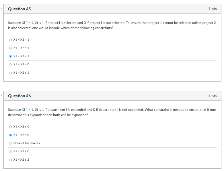 Question 45 1 pts Suppose Xi (i = 1, 2)is 1 if