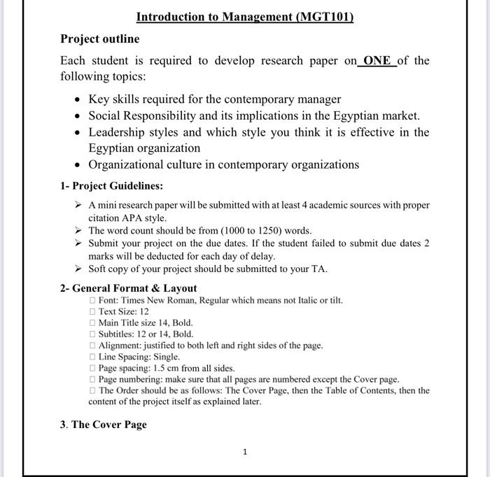 Introduction to Management (MGT101) Project