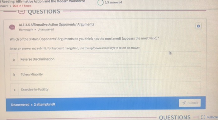 2/5 answered 3 Reading: Affirmative Action and