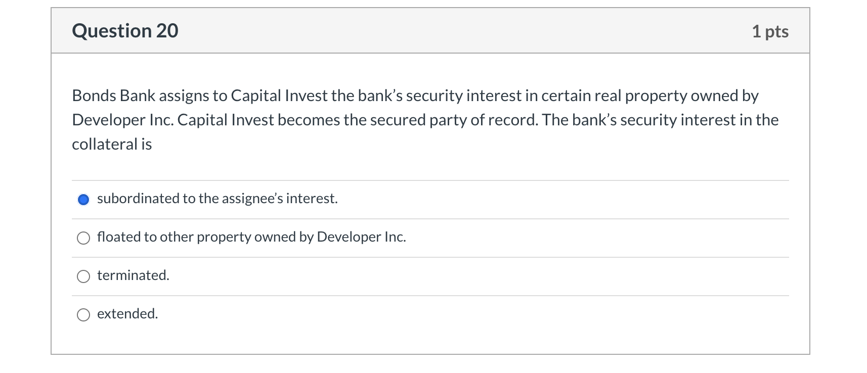 Question 20 1 pts Bonds Bank assigns to Capital