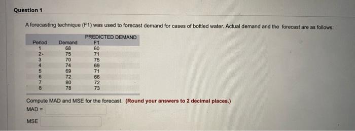 Question 1 A forecasting technique (F1) was used