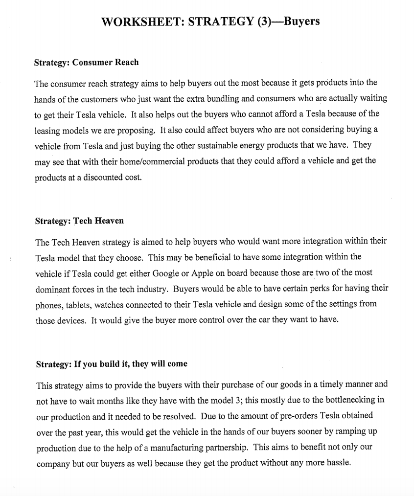 Below is an example of Tesla's Strategies for