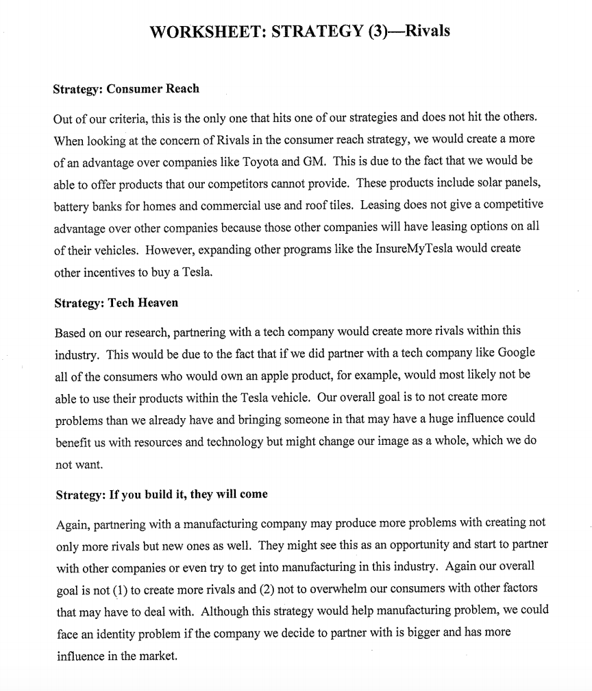 Below is an example of Tesla's Strategies for