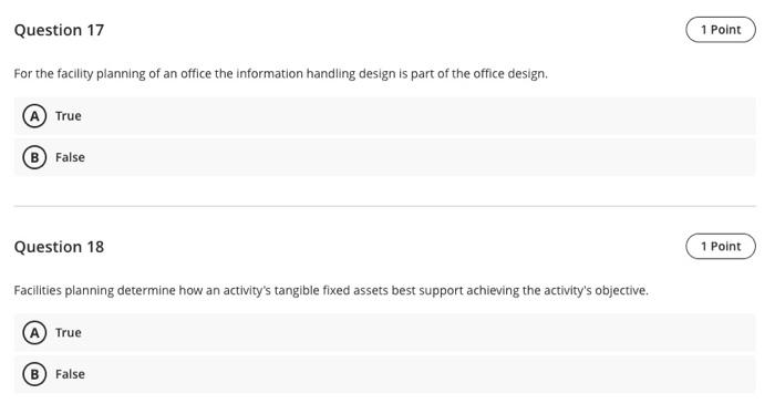 Question 17 1 Point For the facility planning of