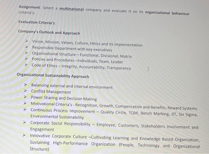 Assignment: Select a multinational company and