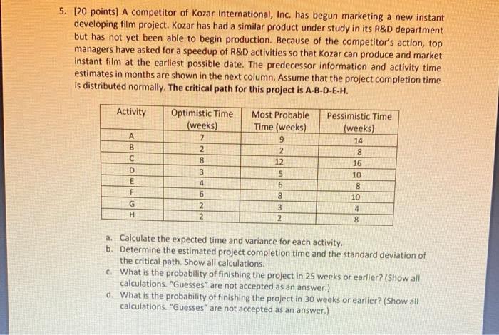 5. [20 points] A competitor of Kozar