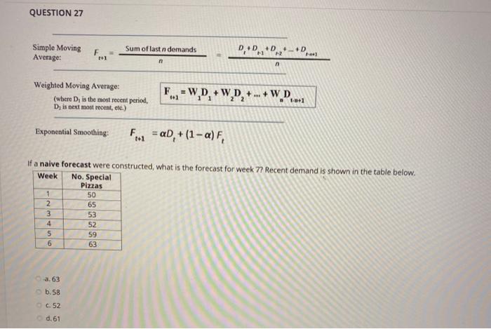 QUESTION 27 Sum of last ndemands Simple Moving