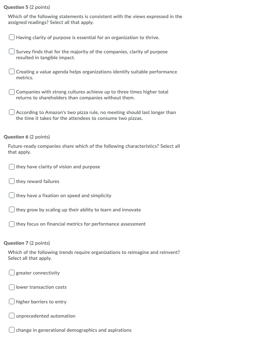 Question 5 (2 points) Which of the following