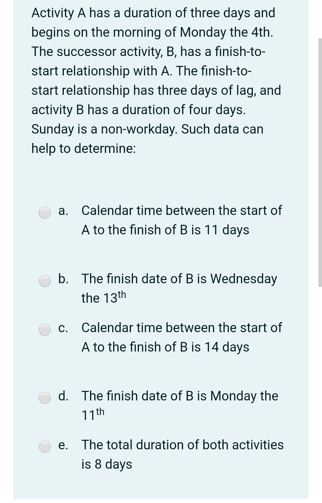 Activity A has a duration of three days and