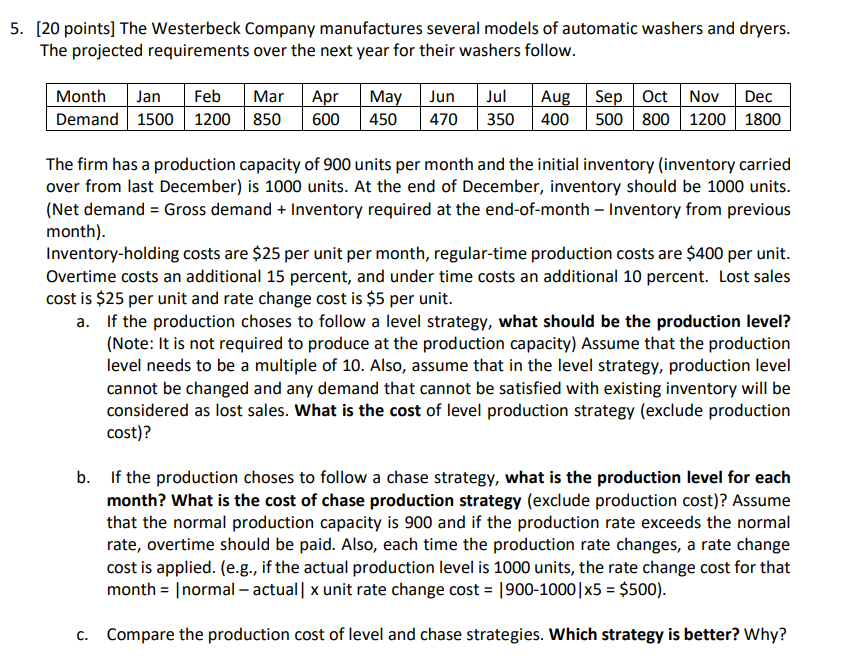 [20 points] The Westerbeck Company manufactures