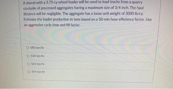 A shovel with a 3.75-cy wheel loader will be used