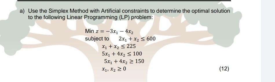 Help a) Use the Simplex Method with Artificial